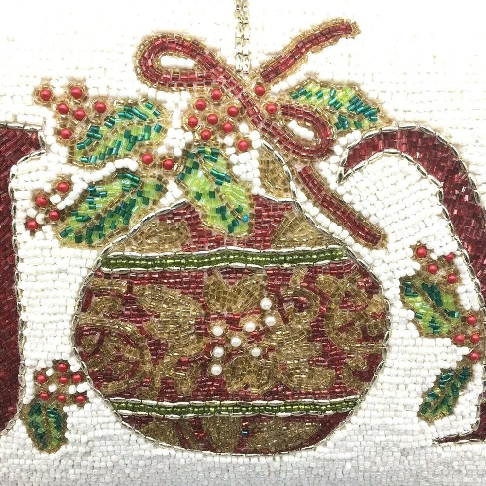 x2 Christmas JOY Holiday Beaded Throw Pillow Set Ornament Holly Berries Decor